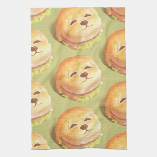 Adorable Dog Face Burger Pattern Kitchen Towel (Vertical)