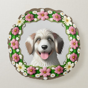 Adorable Dog Framed by Bright Design Round Pillow