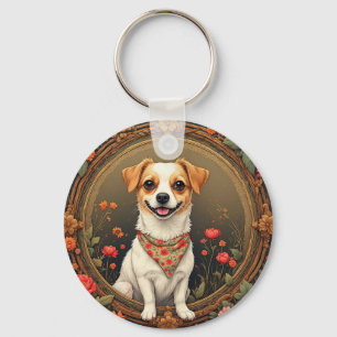 Adorable Dog Framed by Colourful Flowers Keychain