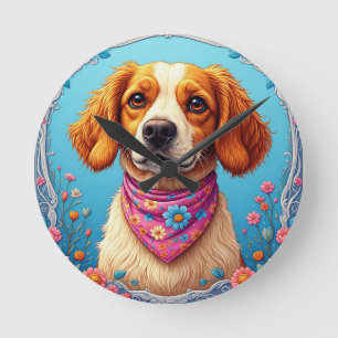 Adorable Dog Framed by Colourful Flowers Round Clock