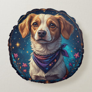 Adorable Dog Framed by Colourful Flowers Round Pillow