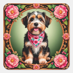 Adorable Dog Framed by Colourful Flowers Square Sticker