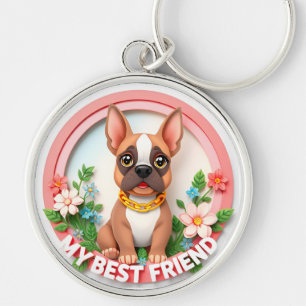 Adorable Dog Illustration With Flowers Keychain
