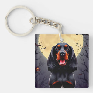 Adorable Dog in Halloween Scene with Pumpkins Keychain