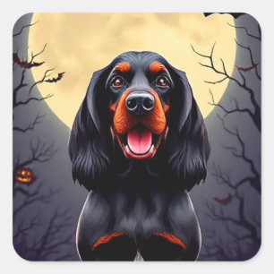 Adorable Dog in Halloween Scene with Pumpkins Square Sticker