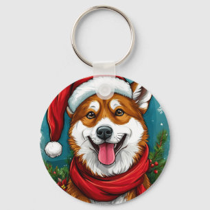 Adorable Dog in Santa Outfit Keychain