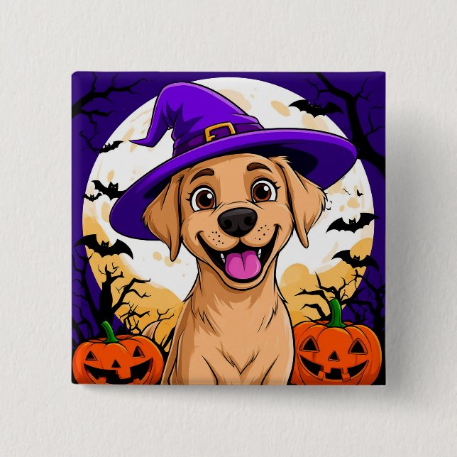 Adorable Dog in Witch Hat 2 Inch Square Button (Front)