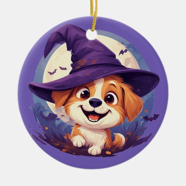 Adorable Dog in Witch Hat Ceramic Ornament (Front)
