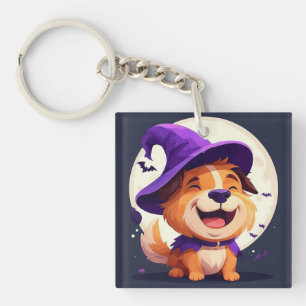 Adorable Dog in Witch Hat Keychain