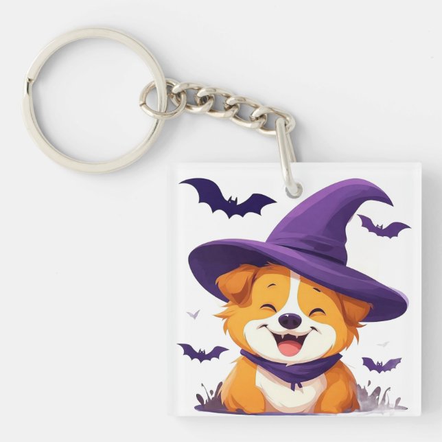 Adorable Dog in Witch Hat Keychain (Front)