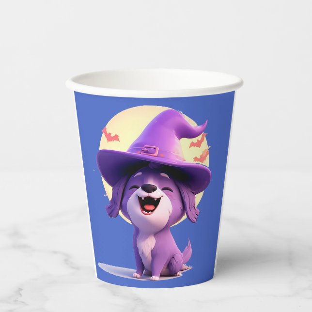 Adorable Dog in Witch Hat Paper Cups (Front)