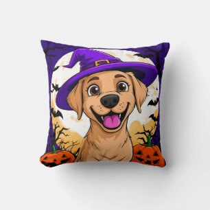 Adorable Dog in Witch Hat Throw Pillow