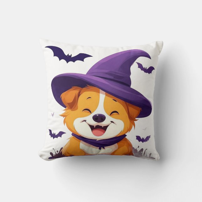 Adorable Dog in Witch Hat Throw Pillow (Front)