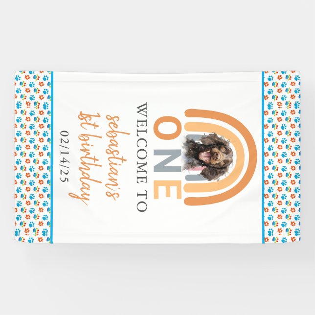 Adorable Dog Rainbow Watercolor 1st Birthday Party Banner (Horizontal)