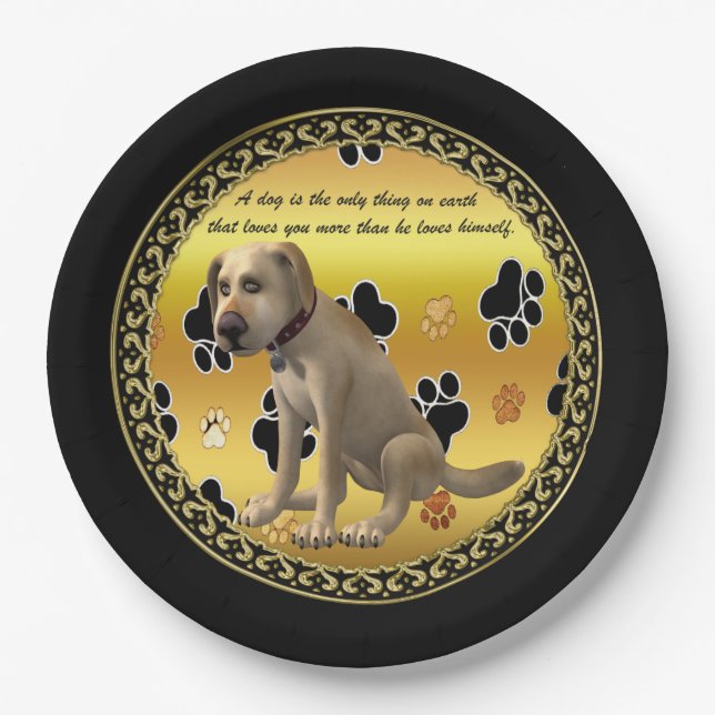 Adorable dog sitting with a cute fun quote paper plate (Front)