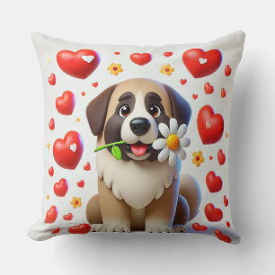 Adorable Dog Surrounded by Hearts Throw Pillow