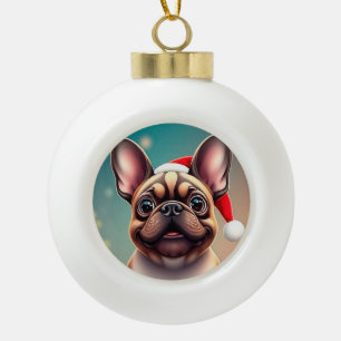Adorable Dog Wearing Santa Hat Ceramic Ball Christmas Ornament