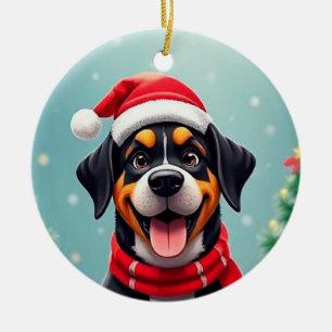 Adorable Dog Wearing Santa Hat Ceramic Ornament