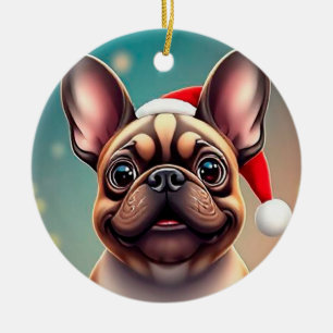 Adorable Dog Wearing Santa Hat Ceramic Ornament