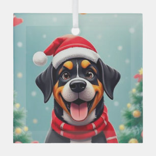 Adorable Dog Wearing Santa Hat Glass Ornament