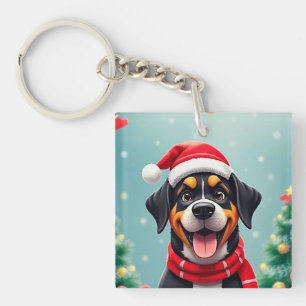 Adorable Dog Wearing Santa Hat Keychain