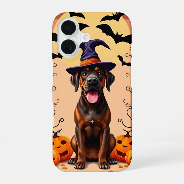 Adorable Dog Wearing Witch Hat iPhone 16 Case (Back)