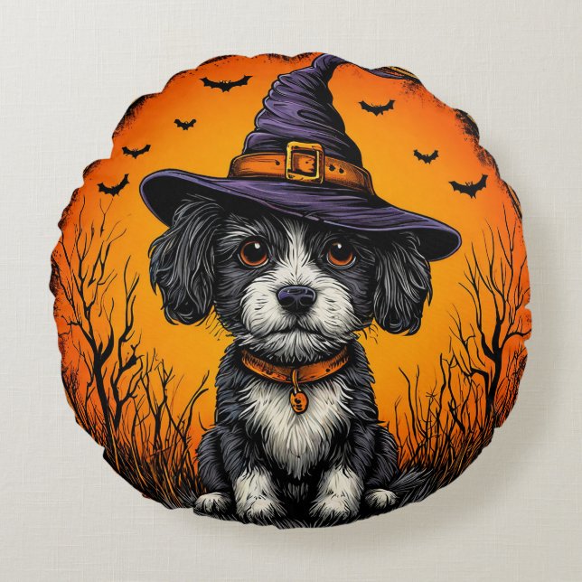 Adorable Dog Wearing Witch Hat Round Pillow (Front)