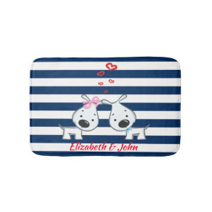 Adorable Dogs In Love on Striped-Personalized Bath Mat