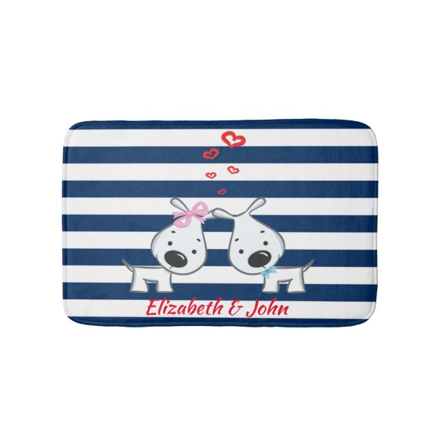 Adorable Dogs In Love on Striped-Personalized Bath Mat (Front)