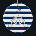 Adorable Dogs In Love on Striped-Personalized Ceramic Ornament<br><div class="desc">Adorable dogs in love on striped with you name.</div>
