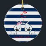 Adorable Dogs In Love on Striped-Personalized Ceramic Ornament<br><div class="desc">Adorable dogs in love on striped with you name.</div>