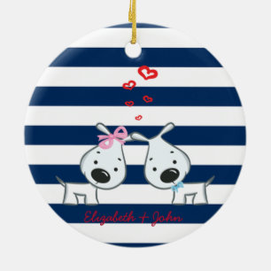 Adorable Dogs In Love on Striped-Personalized Ceramic Ornament