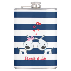 Adorable Dogs In Love on Striped-Personalized Hip Flask