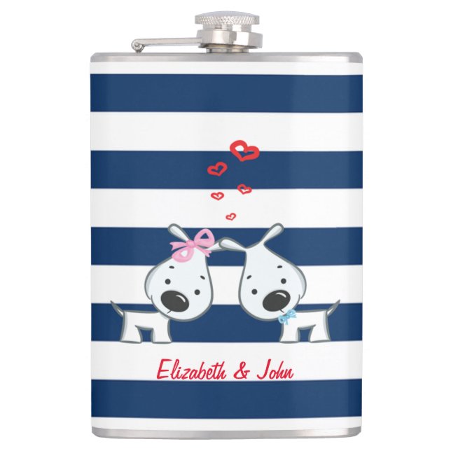 Adorable Dogs In Love on Striped-Personalized Hip Flask (Front)