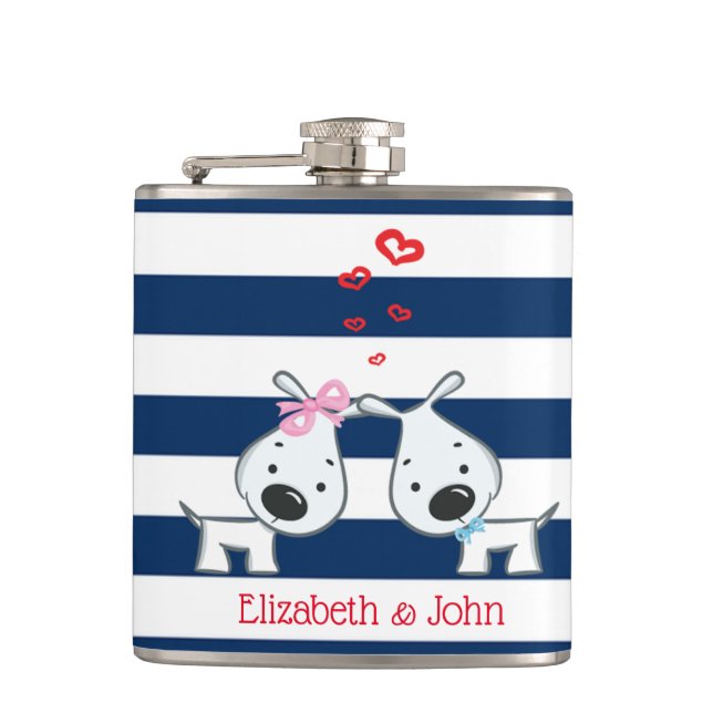 Adorable Dogs In Love on Striped-Personalized Hip Flask (Front)