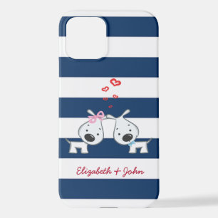 Adorable Dogs In Love on Striped-Personalized   iPhone 12 Case