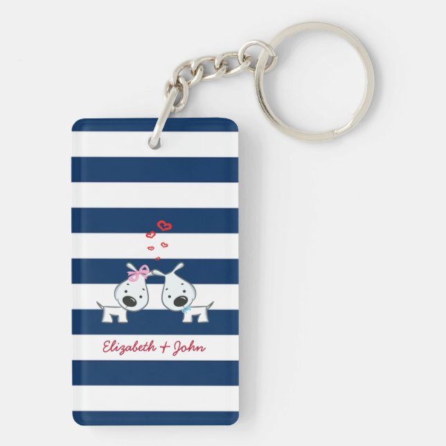 Adorable Dogs In Love on Striped-Personalized Keychain (Back)