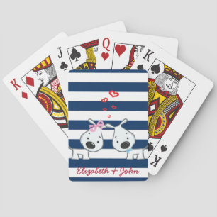 Adorable Dogs In Love on Striped-Personalized  Playing Cards