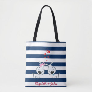 Adorable Dogs In Love on Striped-Personalized Tote Bag
