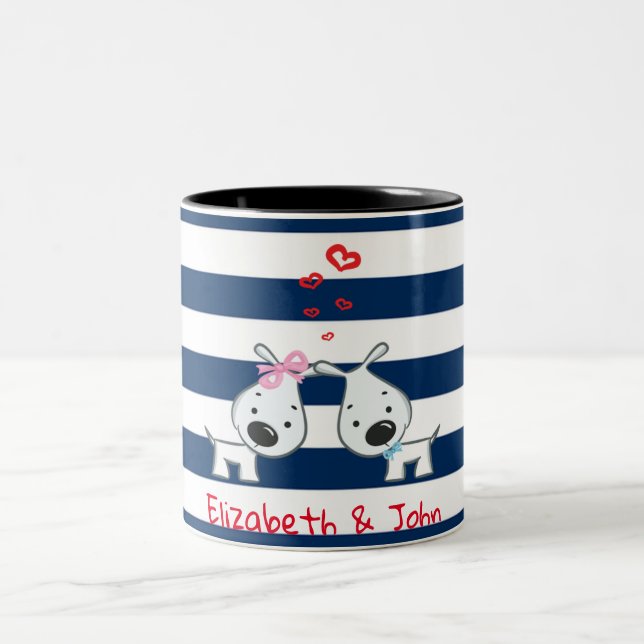 Adorable Dogs In Love on Striped-Personalized Two-Tone Coffee Mug (Center)