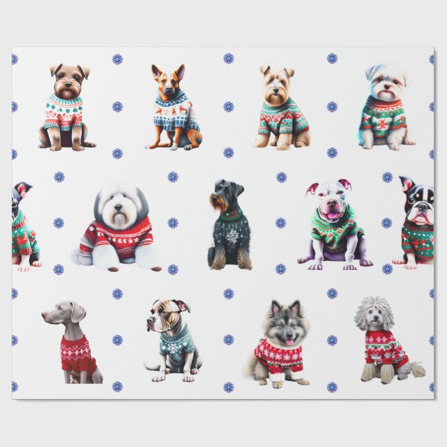 Adorable Dogs in Ugly Christmas Sweaters on White Wrapping Paper (Flat)