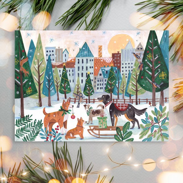 Adorable Dogs Pet Dog Lover Christmas City Park Holiday Postcard (Adorable Dogs Pet Dog Lover Christmas City Park Holiday Card)