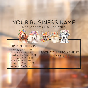 Adorable dogs with flower crown opening hours window cling