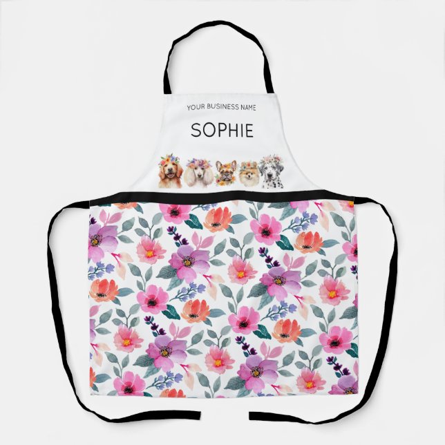 Adorable dogs with flower crown, watercolor  apron (Front)