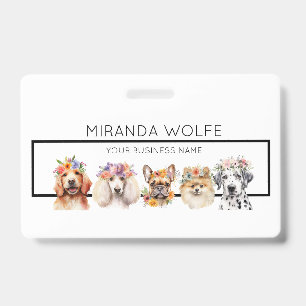 Adorable dogs with flower crown, watercolor Name Badge