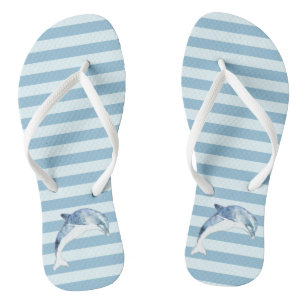 Adorable Dolphin On Light Blue Stripes Flip Flops