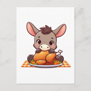 Adorable Donkey Eats Thanksgiving Turkey Postcard