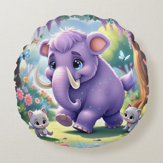 Adorable Double-sided Baby Mammoth Design  Round Pillow (Front)