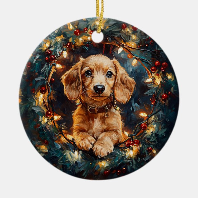 Adorable Doxie Dog Christmas Tree Lights Ceramic Ornament (Front)