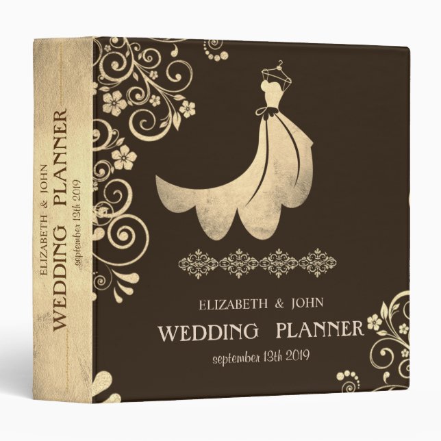 Adorable Dress, Gold Flowers Bridal Planner Binder (Front/Spine)